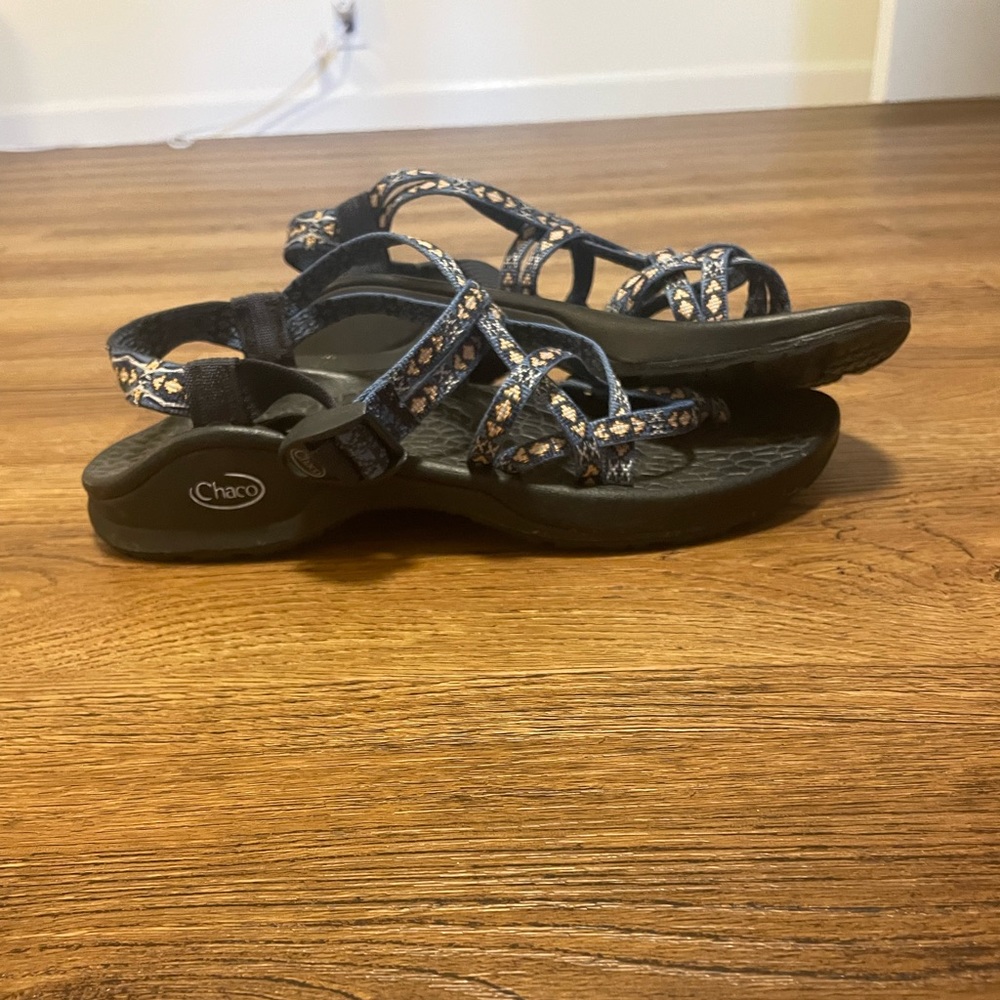 Blue and yellow chacos size 10